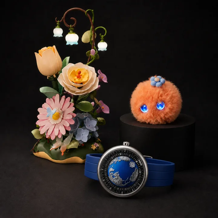A sculptural flower garden, an orange furry companion, and a blue wristwatch with a relief globe dial — a still life of unexpected discoveries.